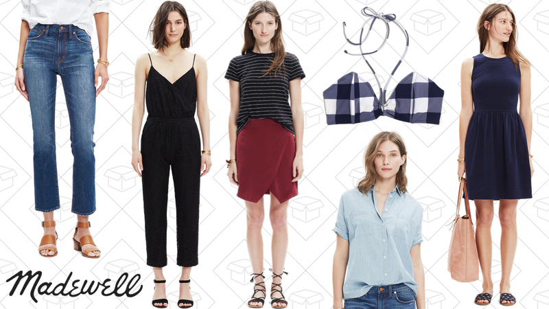 Cali Demi-boot Jeans, $90 | Lace Cami-wrap Jumpsuit, $118 | Silk Parkway Skirt, $62 | Pale Gingham Bikini Top, $65 | Chambray Courier Shirt, $53 | Afternoon Dress, $69